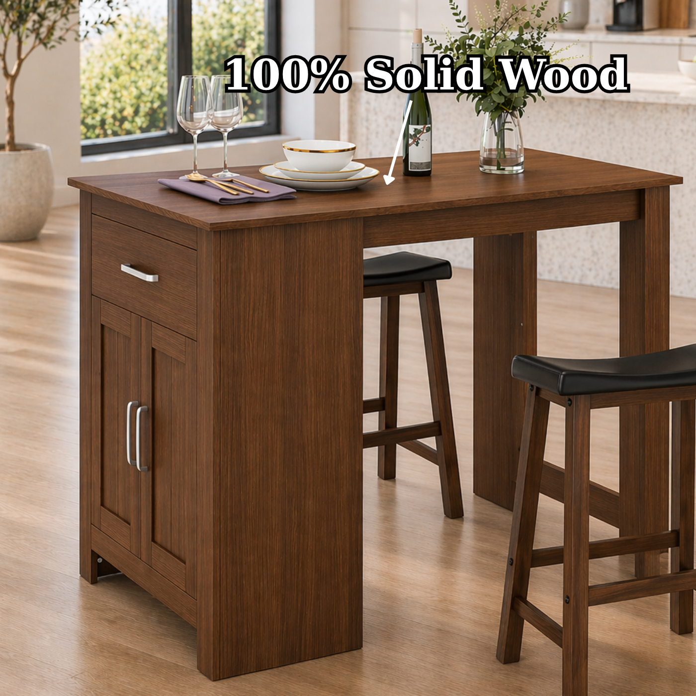 Solid Wood Kitchen Island Table with Cabinet – Walnut Dining Table with Storage, Compact Rustic Kitchen Island