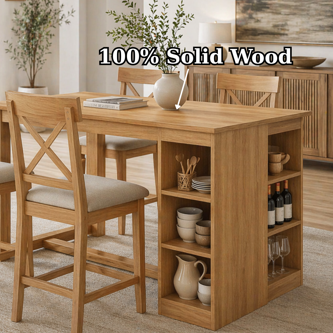 Solid Wood Dining Table with Storage Shelf – Oak Kitchen Island Table with Wine Rack, Modern Farmhouse Dining Table