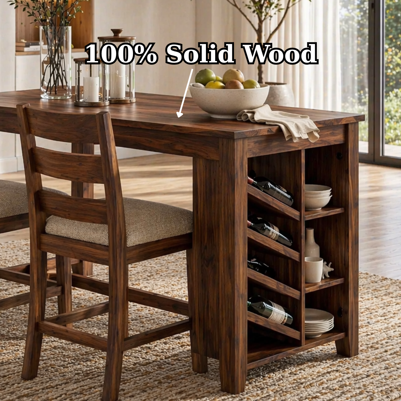 Solid Wood Dining Table with Wine Rack – Rustic Oak Kitchen Island Table, Wooden Dining Table with Storage