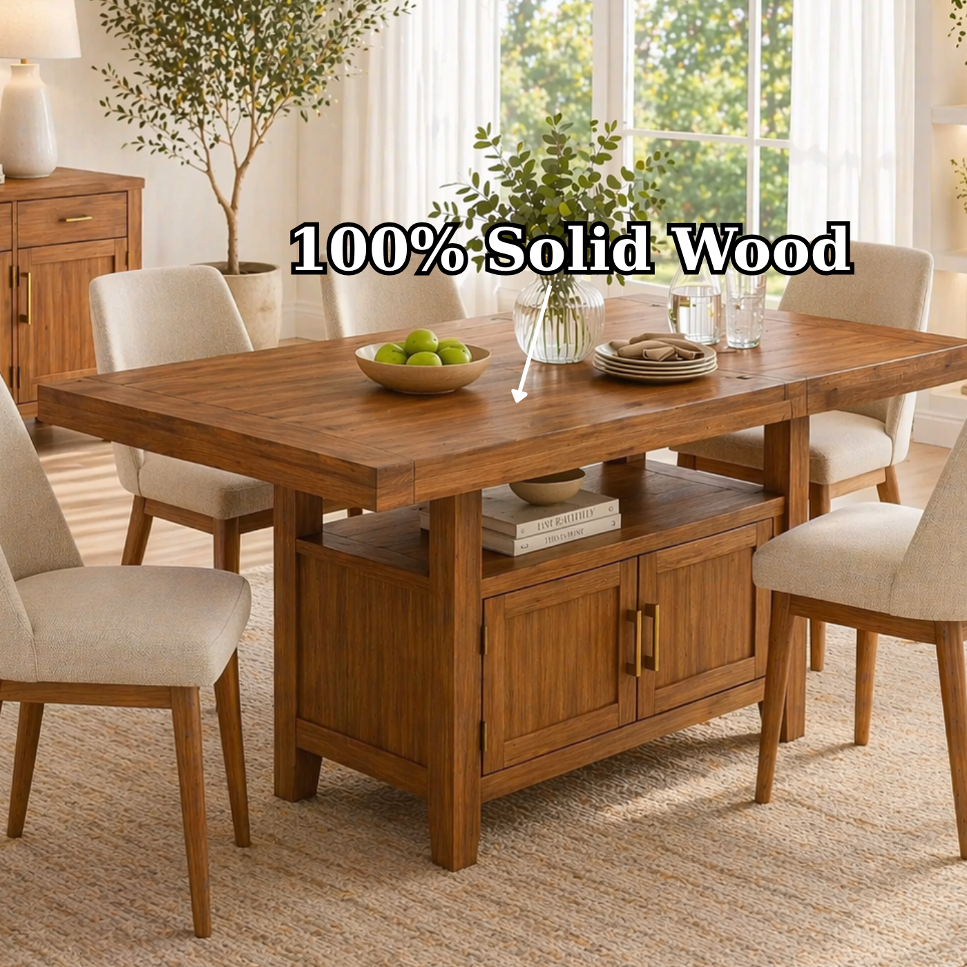 Solid Wood Dining Table with Storage Cabinet – Rustic Oak Dining Table, Kitchen Island Table with Shelves