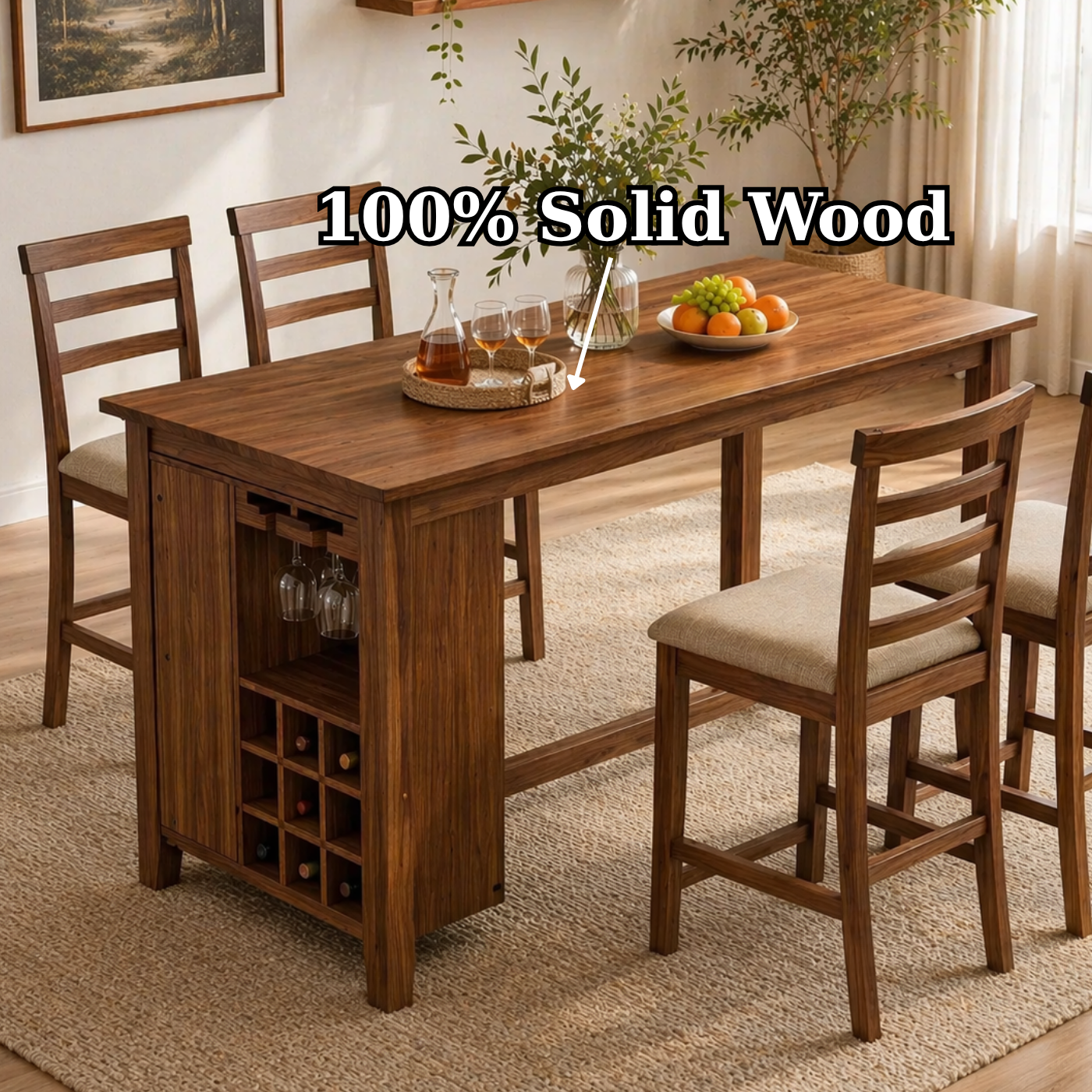 Solid Wood Dining Table with Wine Rack & Glass Holder – Rustic Walnut Dining Table, Kitchen Island Table with Storage
