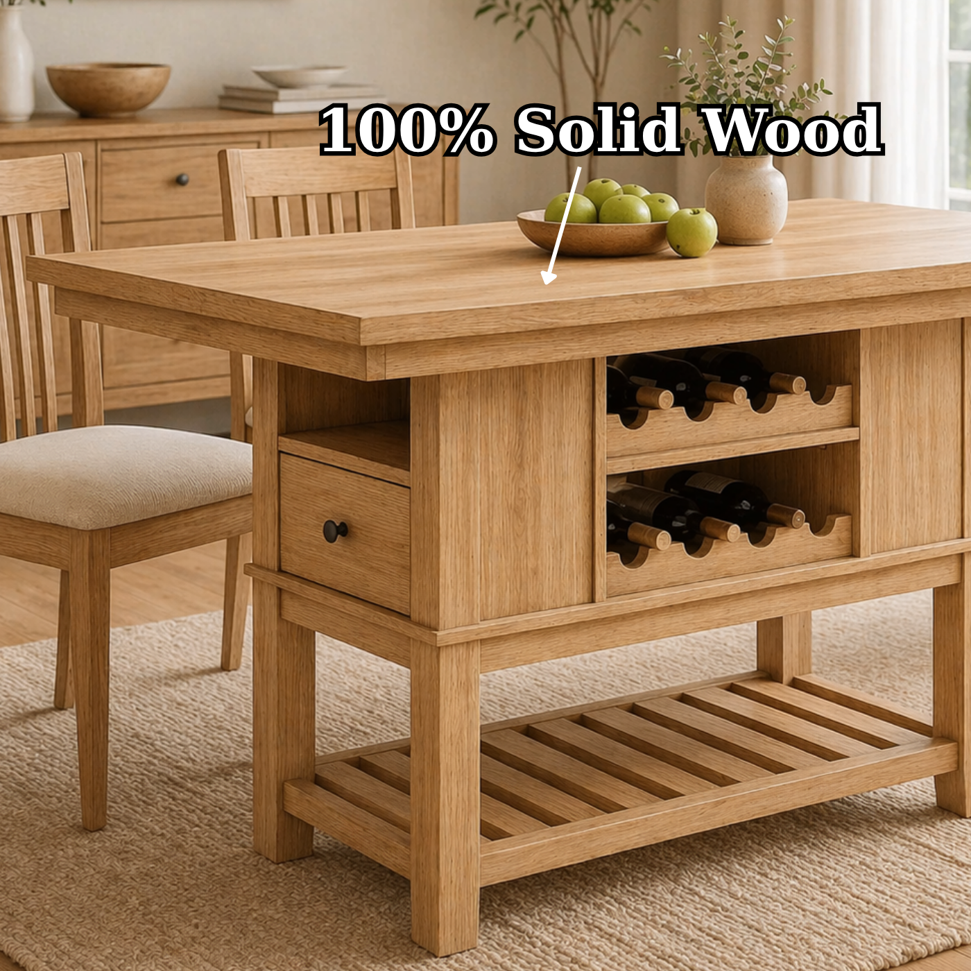 Solid Wood Kitchen Island with Wine Rack & Shelf – Dining Table with Storage, Modern Farmhouse Kitchen Island