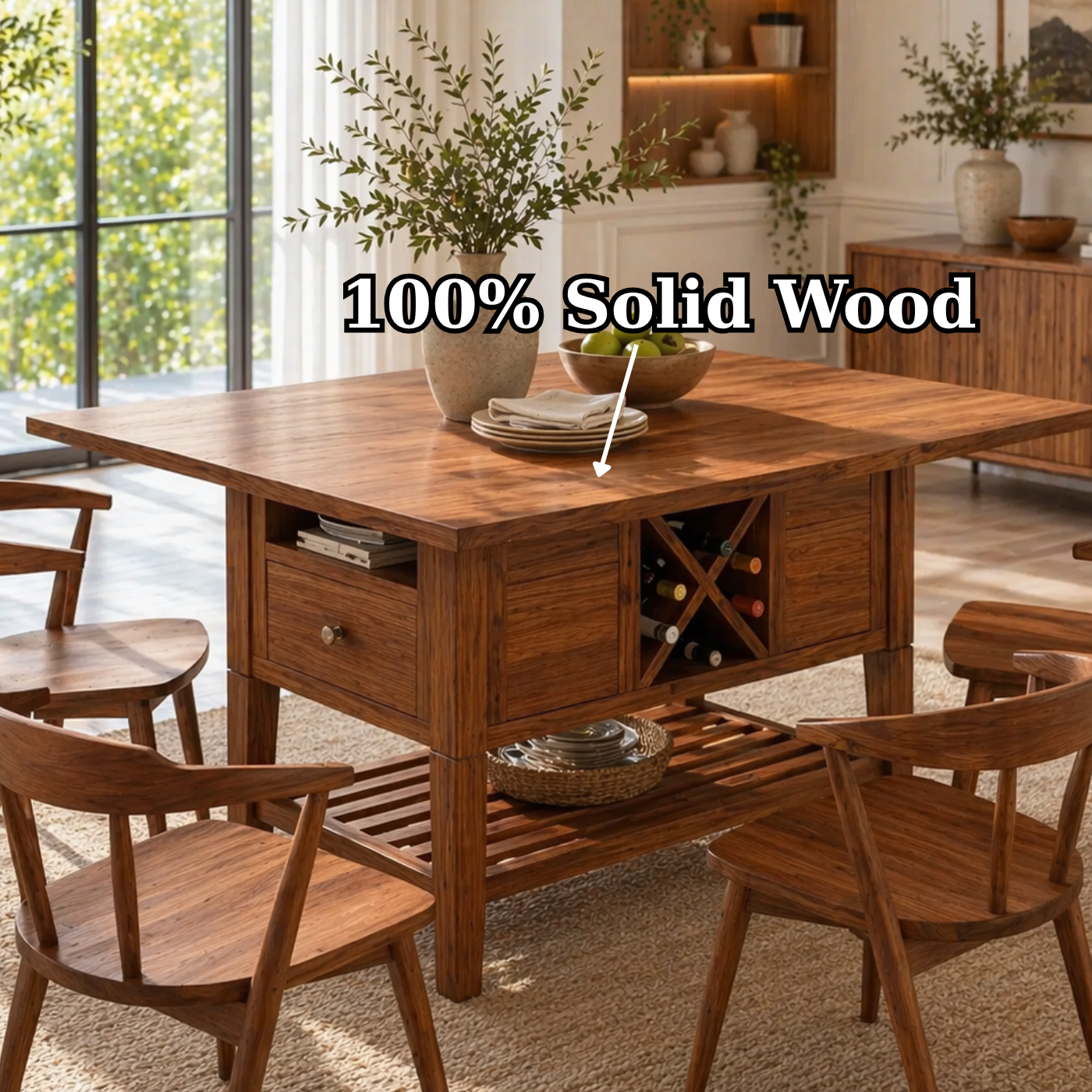 Solid Wood Kitchen Island with Storage Shelf and Wine Rack – Modern Farmhouse Prep Table