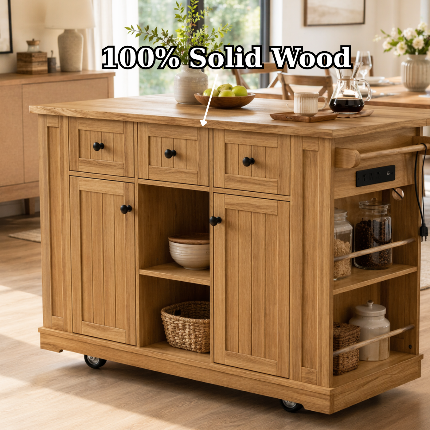 Solid Wood Kitchen Island with Storage & Power Outlet – Oak Rolling Kitchen Cart with Drawers, Cabinets & Shelves