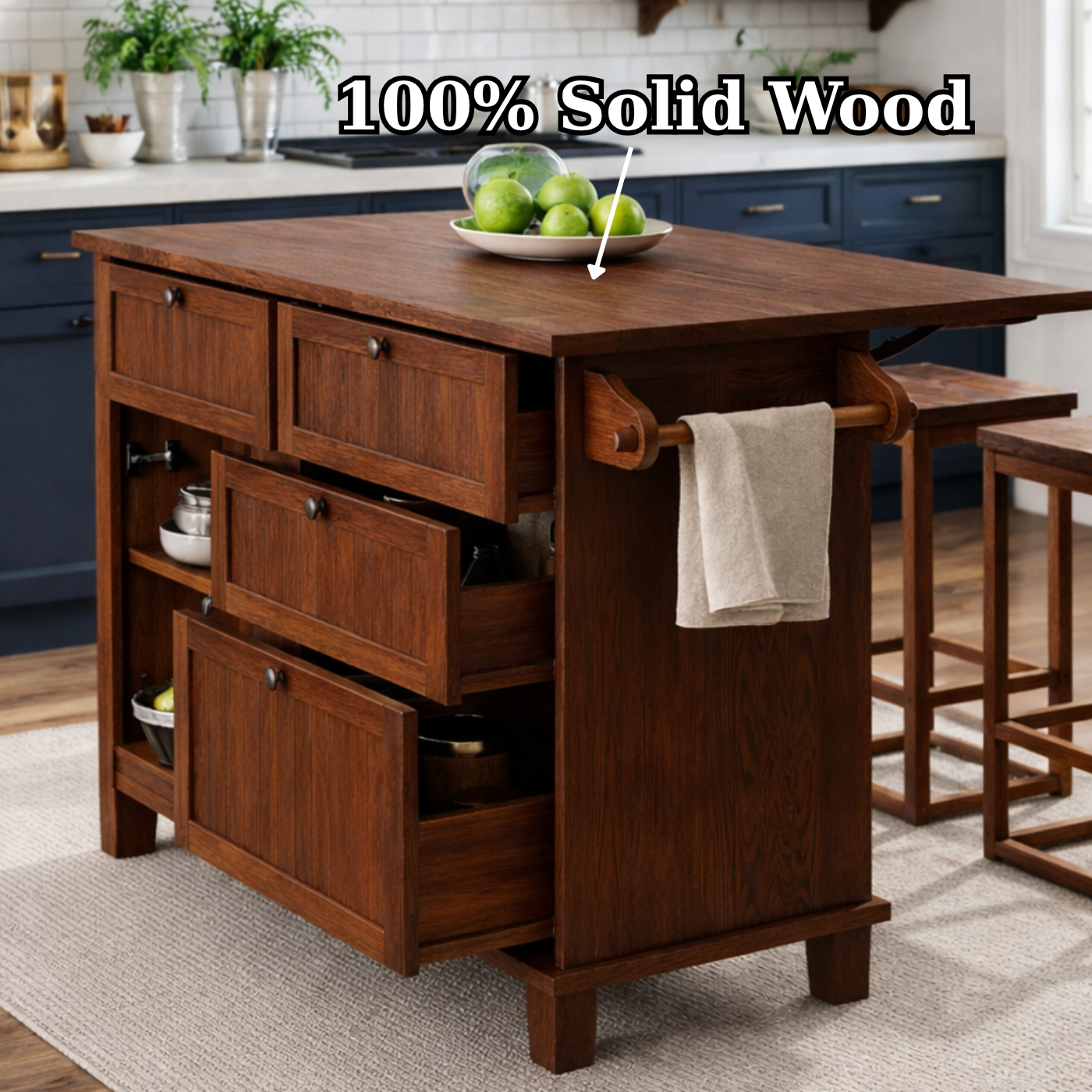 Solid Wood Kitchen Island with Drawers & Towel Rack – Kitchen Storage Island, Rustic Prep Table with Cabinets