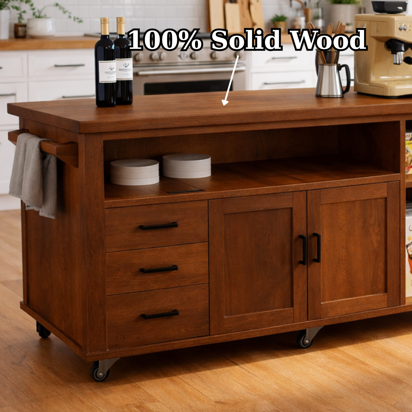 Solid Wood Kitchen Island with Storage & Shelves – Rolling Kitchen Cart with Drawers, Cabinets & Open Storage