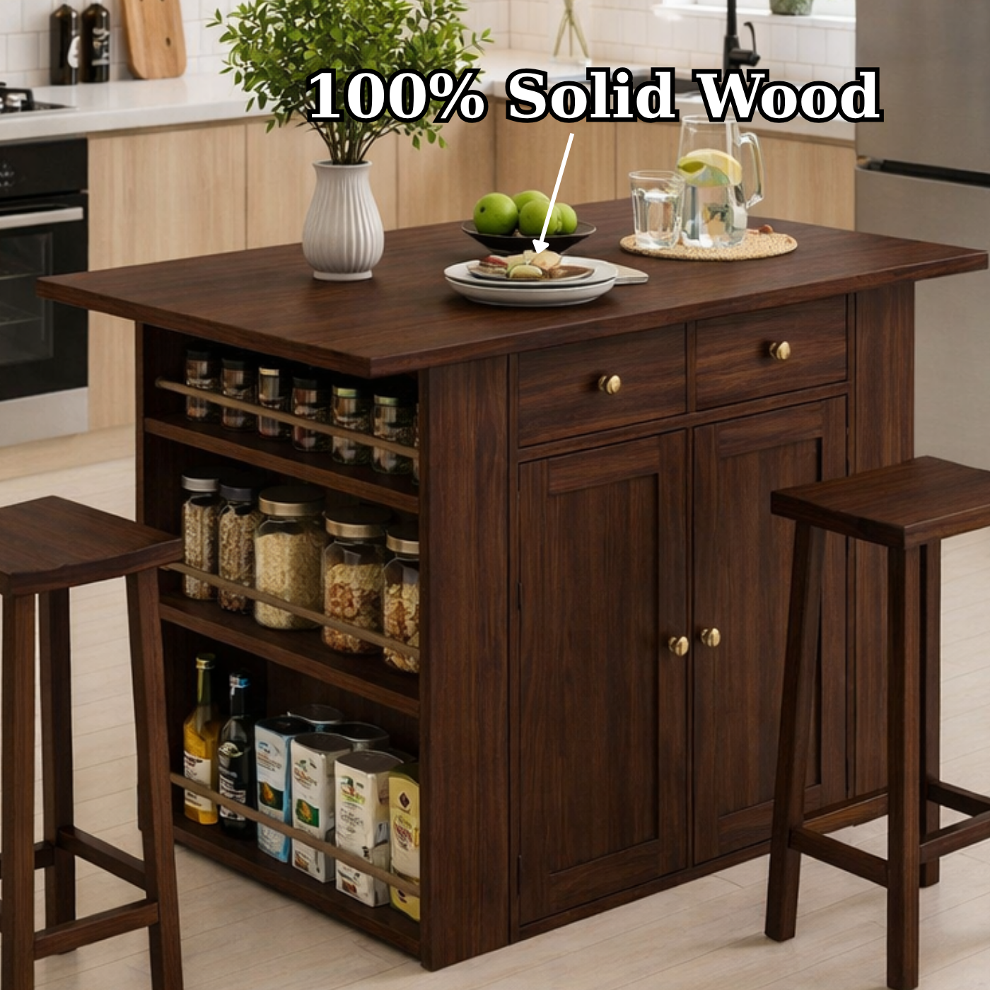 Solid Wood Kitchen Island with Spice Rack & Storage – Kitchen Table with Cabinets, Compact Dining Island
