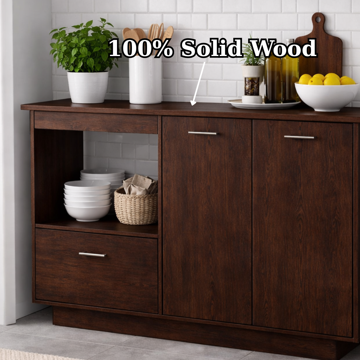 Solid Wood Kitchen Sideboard Cabinet – Walnut Storage Buffet with Drawer & Open Shelf