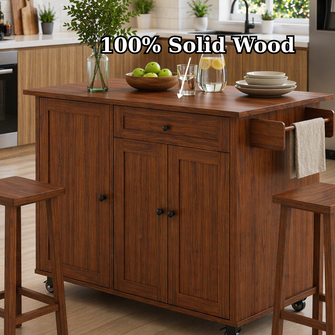 Solid Wood Kitchen Island with Seating – Walnut Rolling Storage Table with Cabinet & Towel Bar