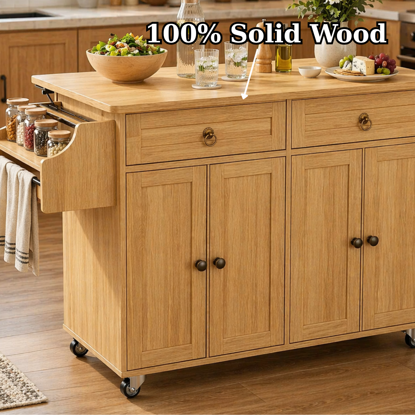 Solid Wood Kitchen Island Cart – Oak Storage Cabinet with Spice Rack & Towel Bar