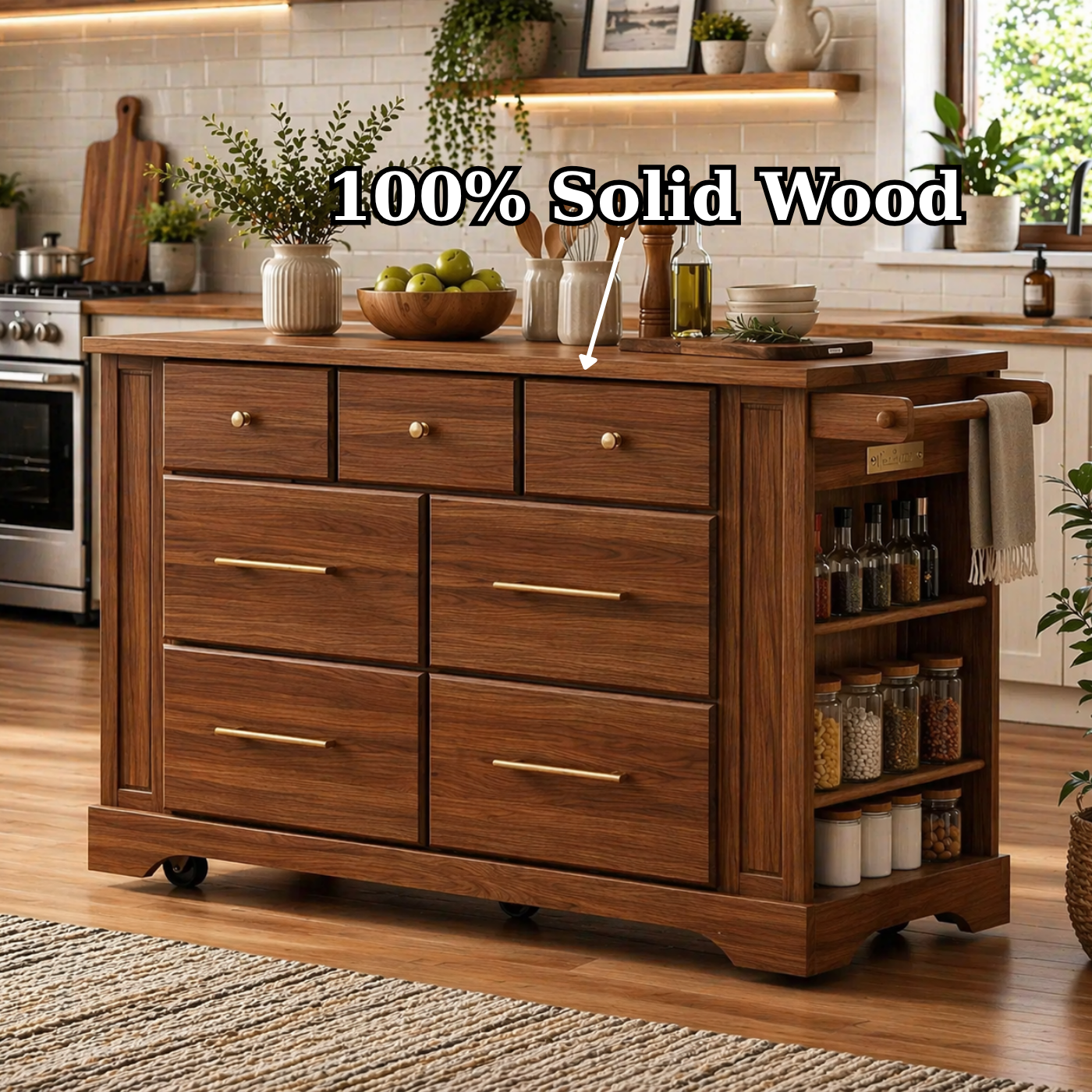 Solid Wood Kitchen Island with Drawers & Side Storage – Rolling Walnut Kitchen Cart with Spice Rack