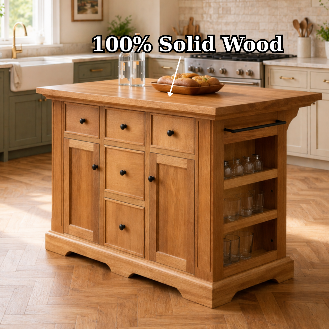 Solid Wood Kitchen Island with Storage Drawers – Farmhouse Kitchen Cabinet