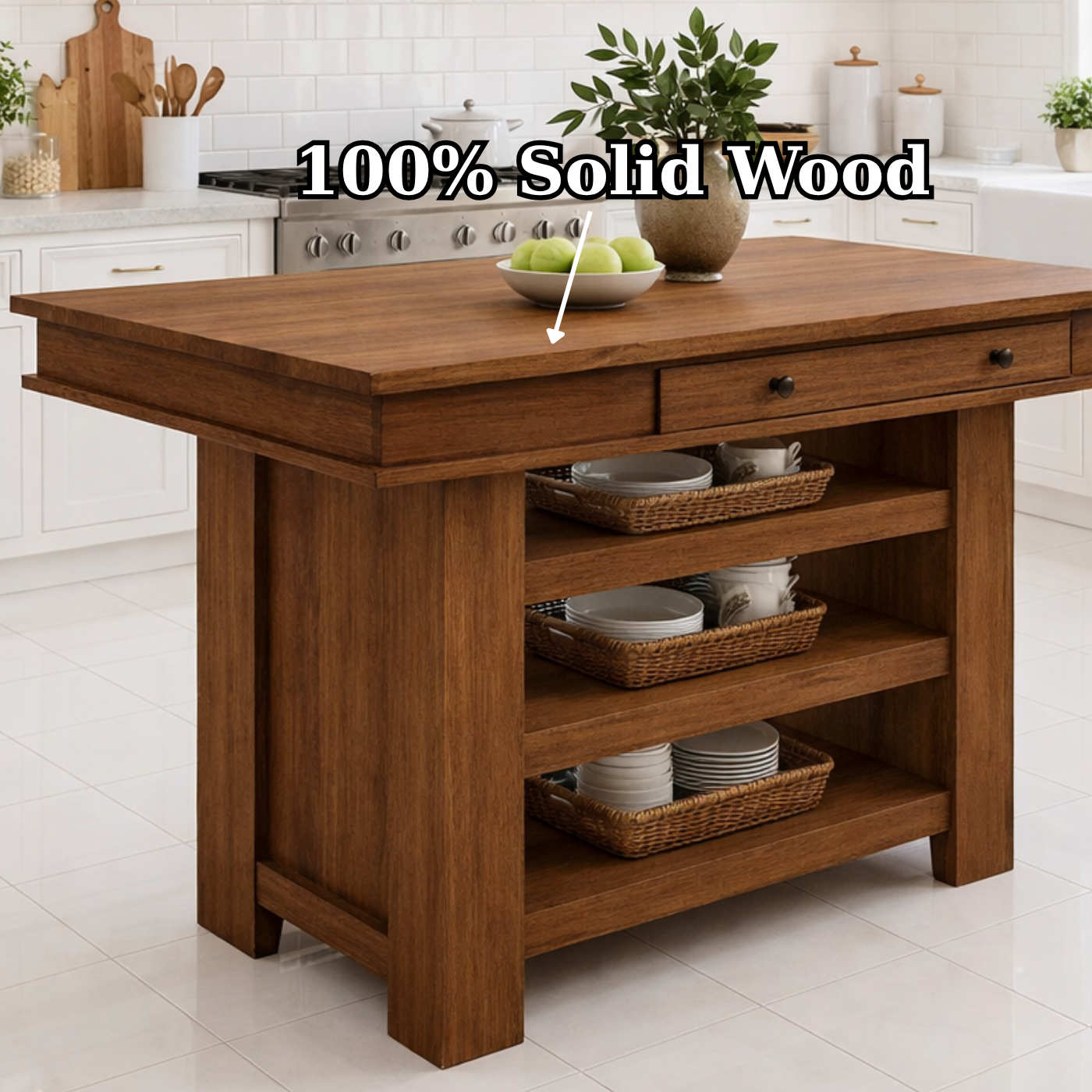 Solid Wood Kitchen Island with Storage – Walnut Prep Table with Shelves