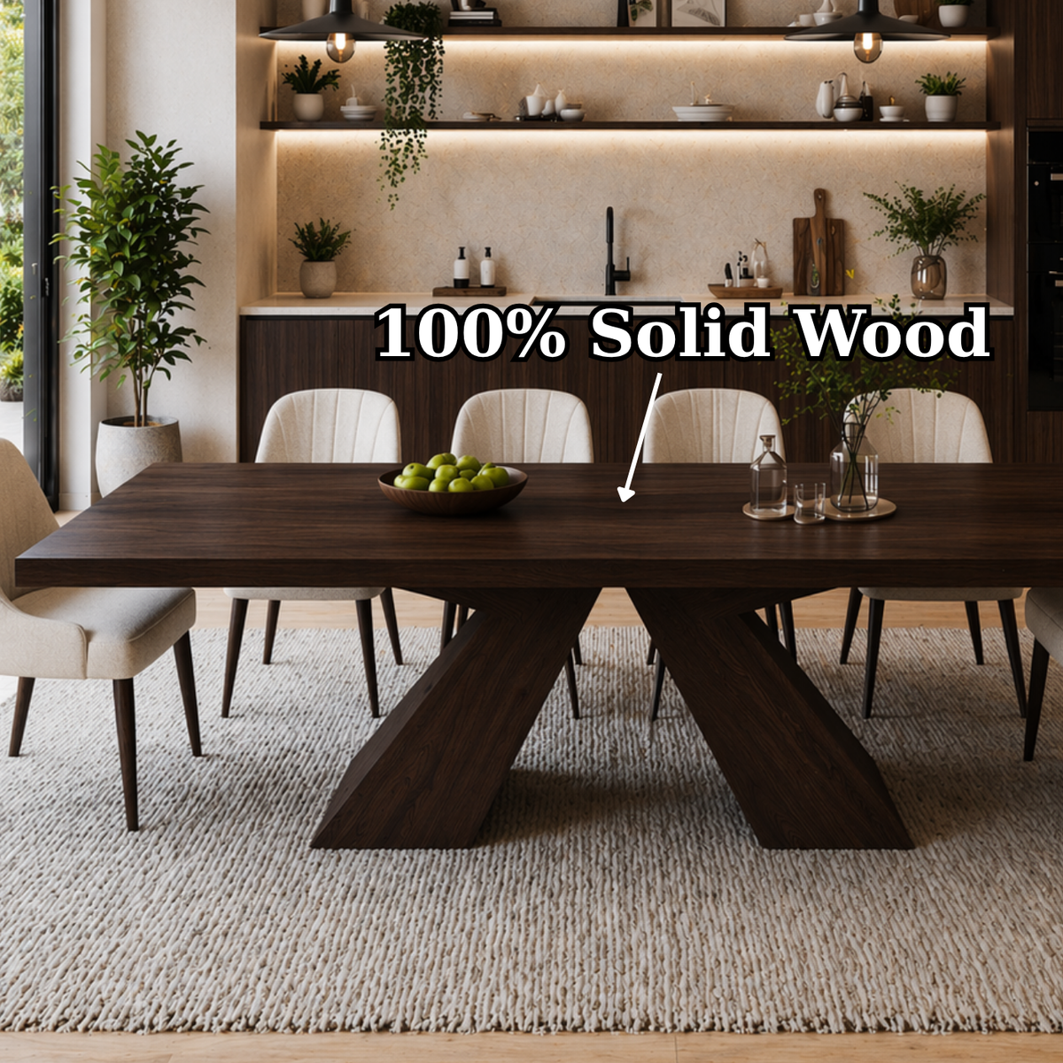 Solid Wood Dining Table with Sculptural X Base – Modern Walnut Rectangular Dining Table