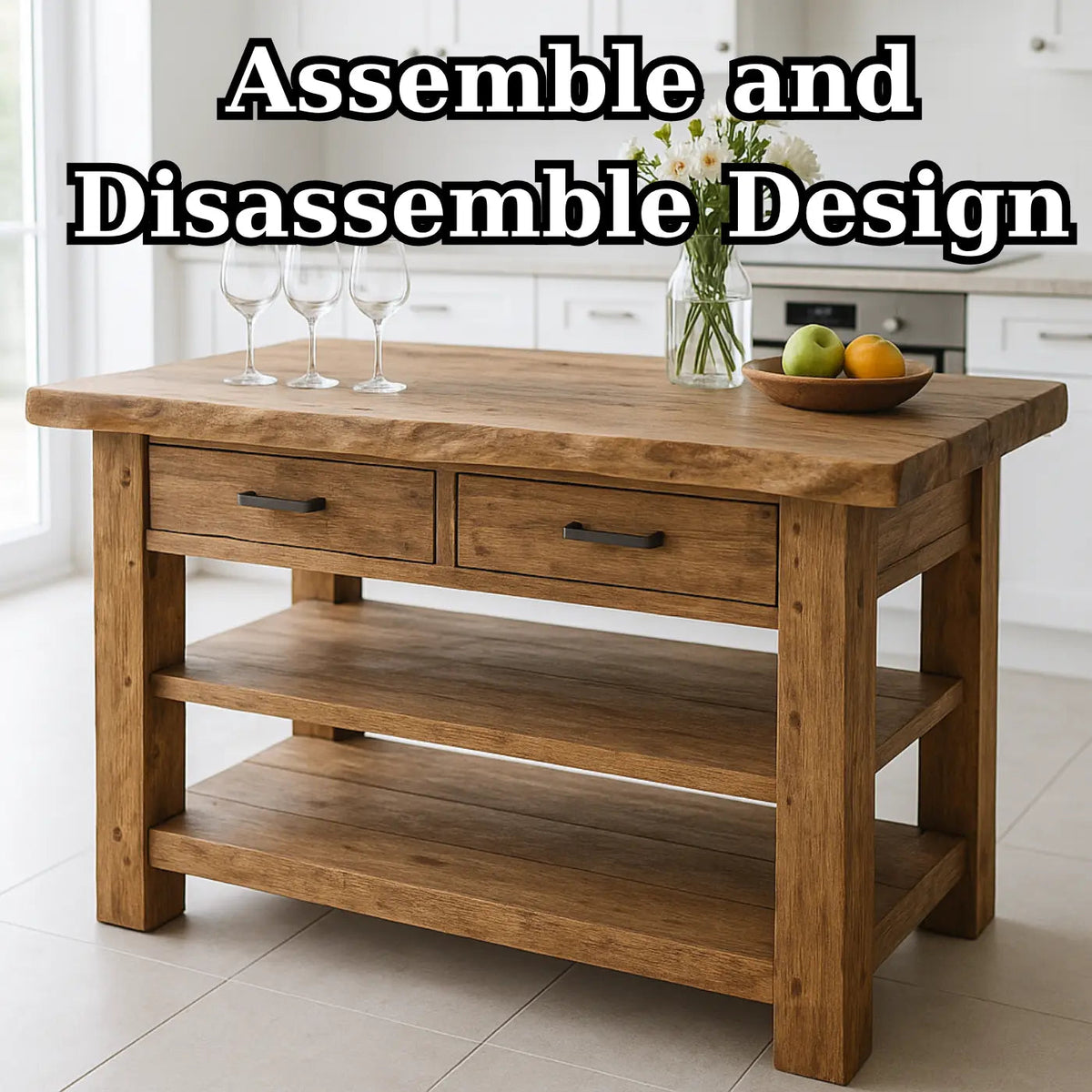 Handcrafted Solid Wood Kitchen Island - Live-Edge Top, 2 Drawers & Shelves Kitchnce
