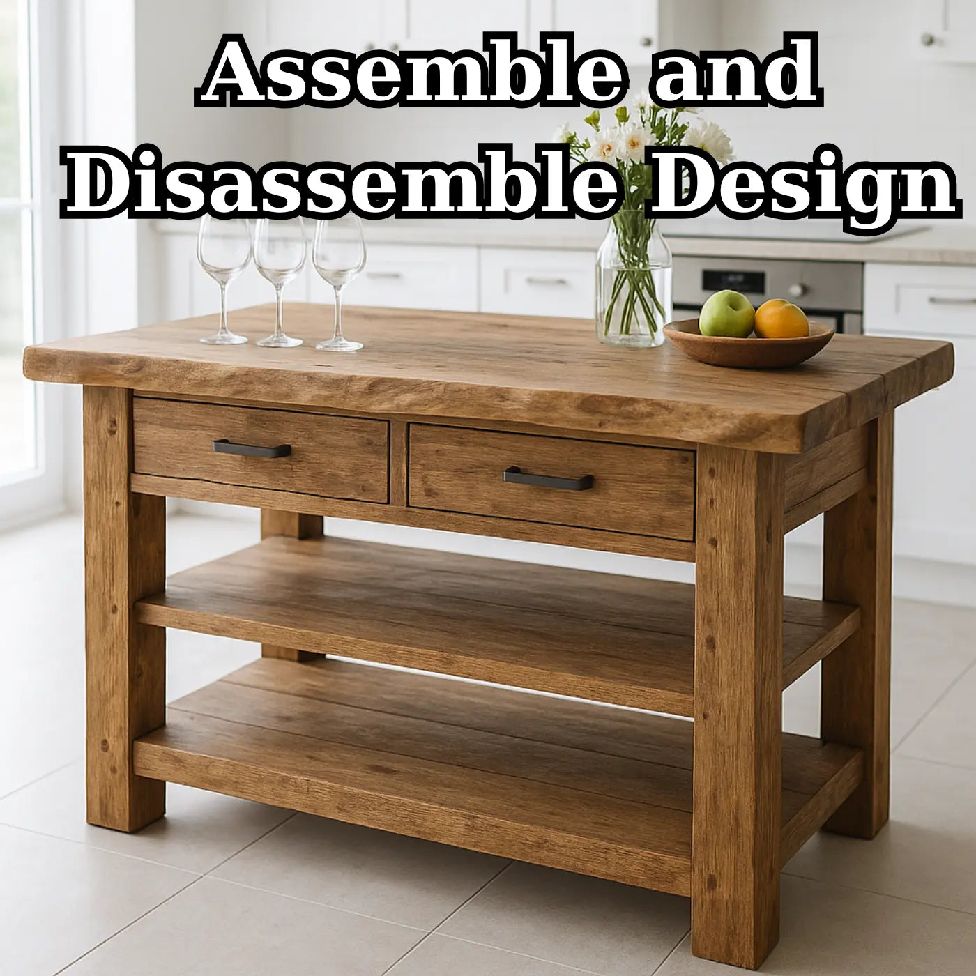 Handcrafted Solid Wood Kitchen Island - Live-Edge Top, 2 Drawers & Shelves Kitchnce
