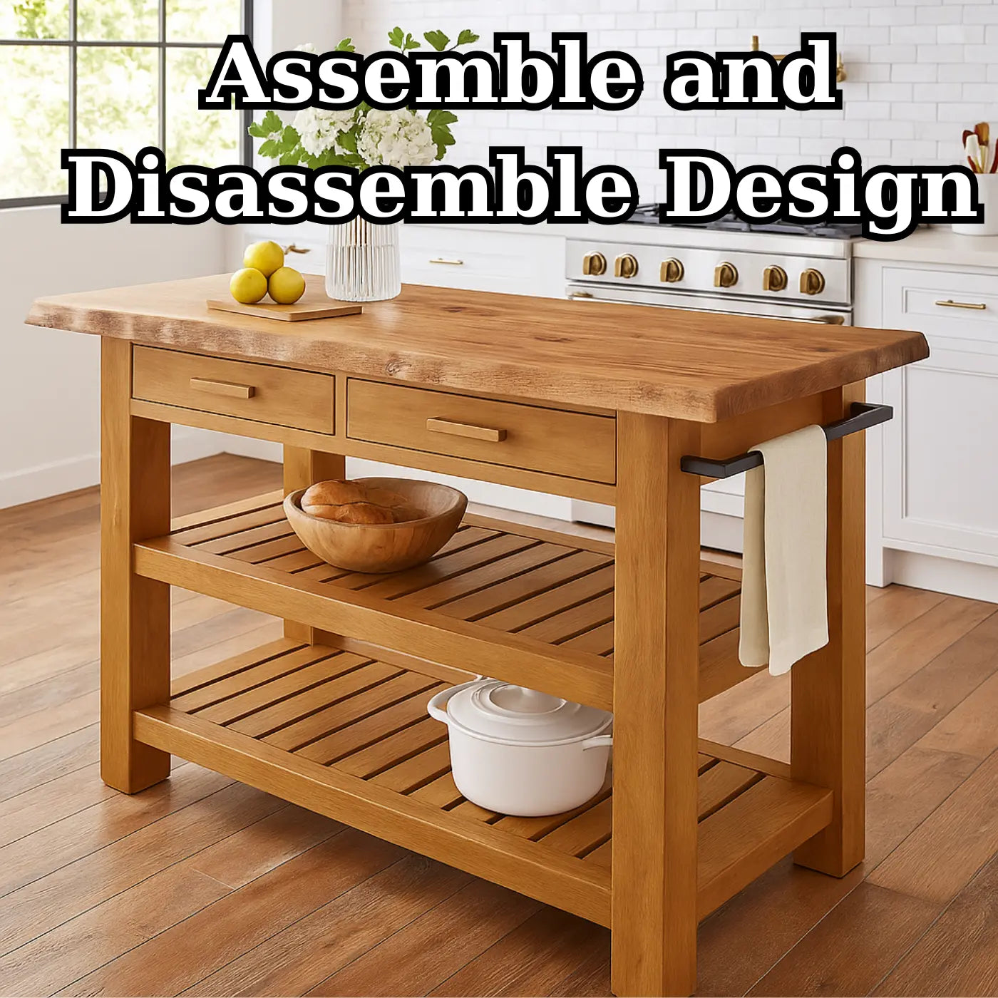 Handcrafted Solid Wood Kitchen Island - Slatted Shelves & Towel Bar Kitchnce