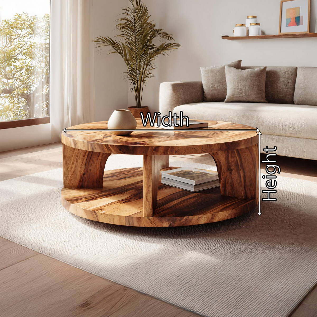 Round Solid Wood Coffee Table with Open Shelf Storage