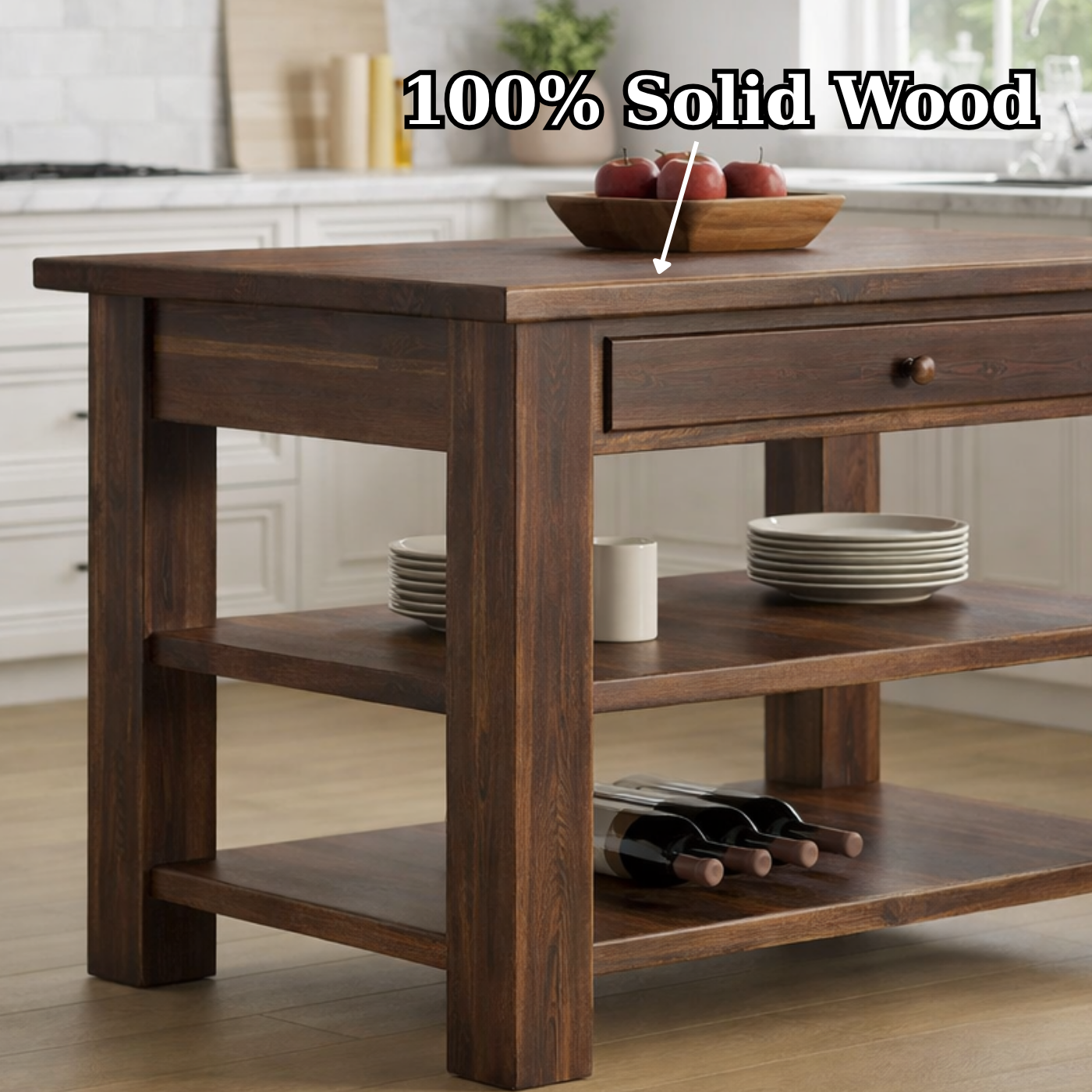 Solid Wood Kitchen Island Table with Storage – Walnut Prep Table with Drawer & Open Shelves