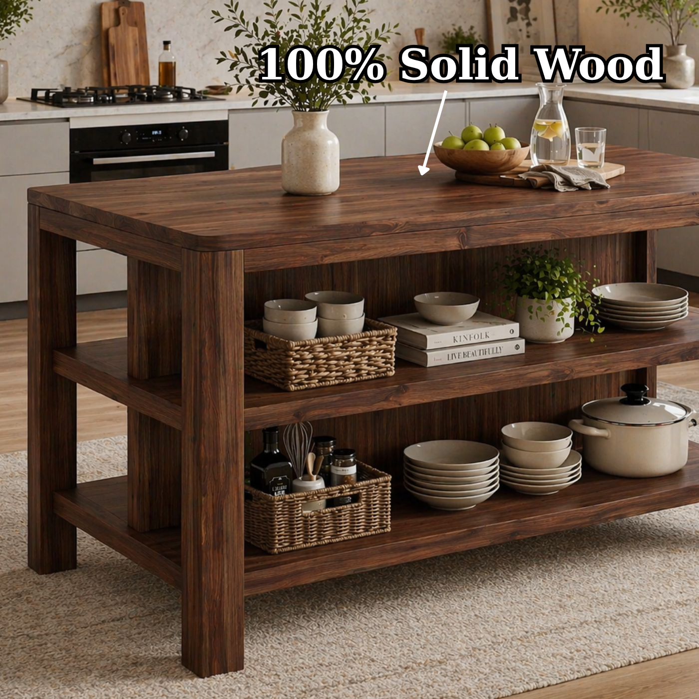 Solid Wood Kitchen Island with Open Shelves – Natural Oak Prep Table for Modern Kitchen