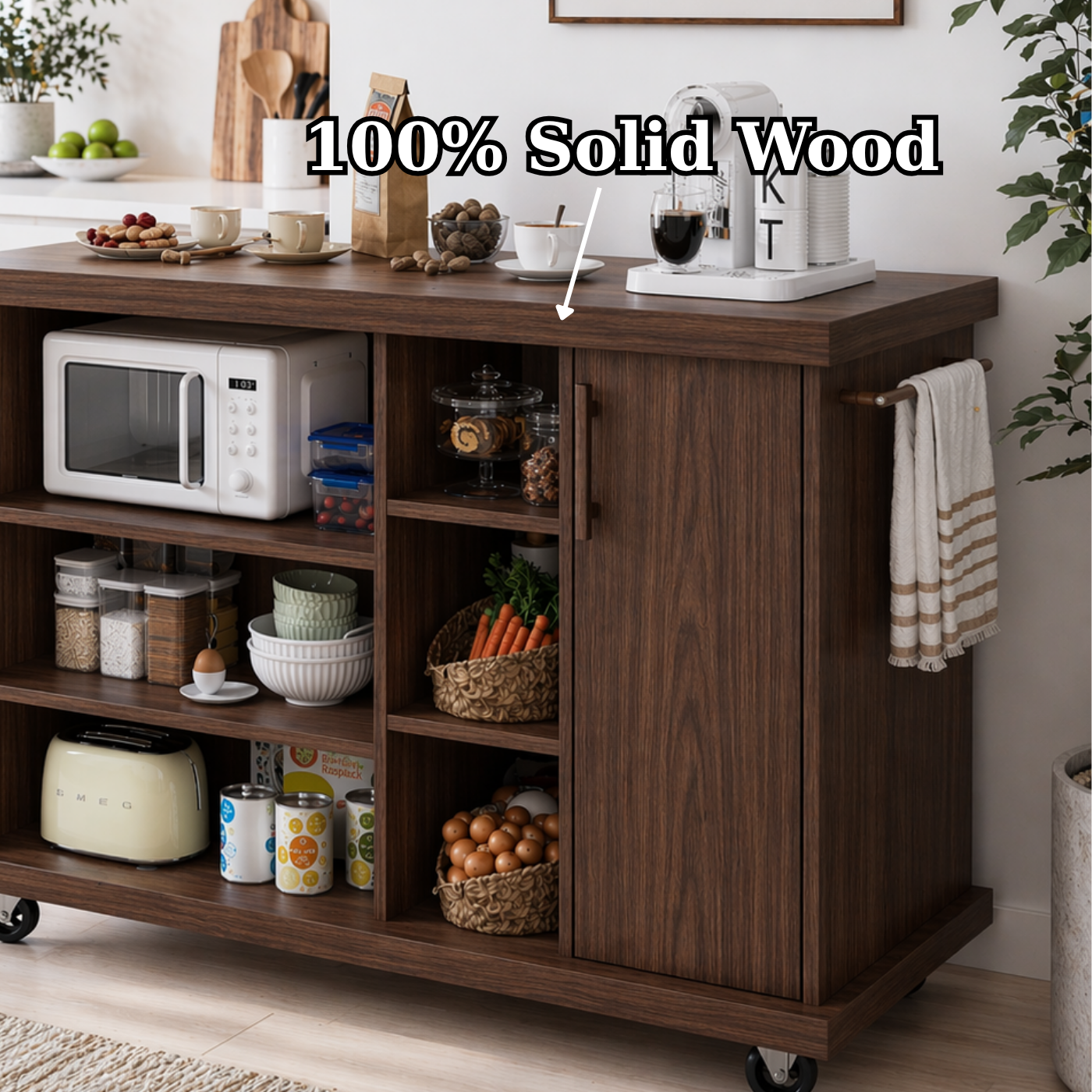 Rolling Kitchen Island with Open Storage & Cabinet – Walnut Microwave Cart with Shelves and Towel Bar