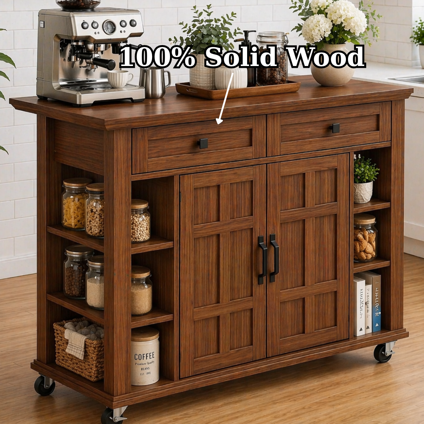Solid Wood Kitchen Island Cart – Walnut Coffee Station with Storage Shelves