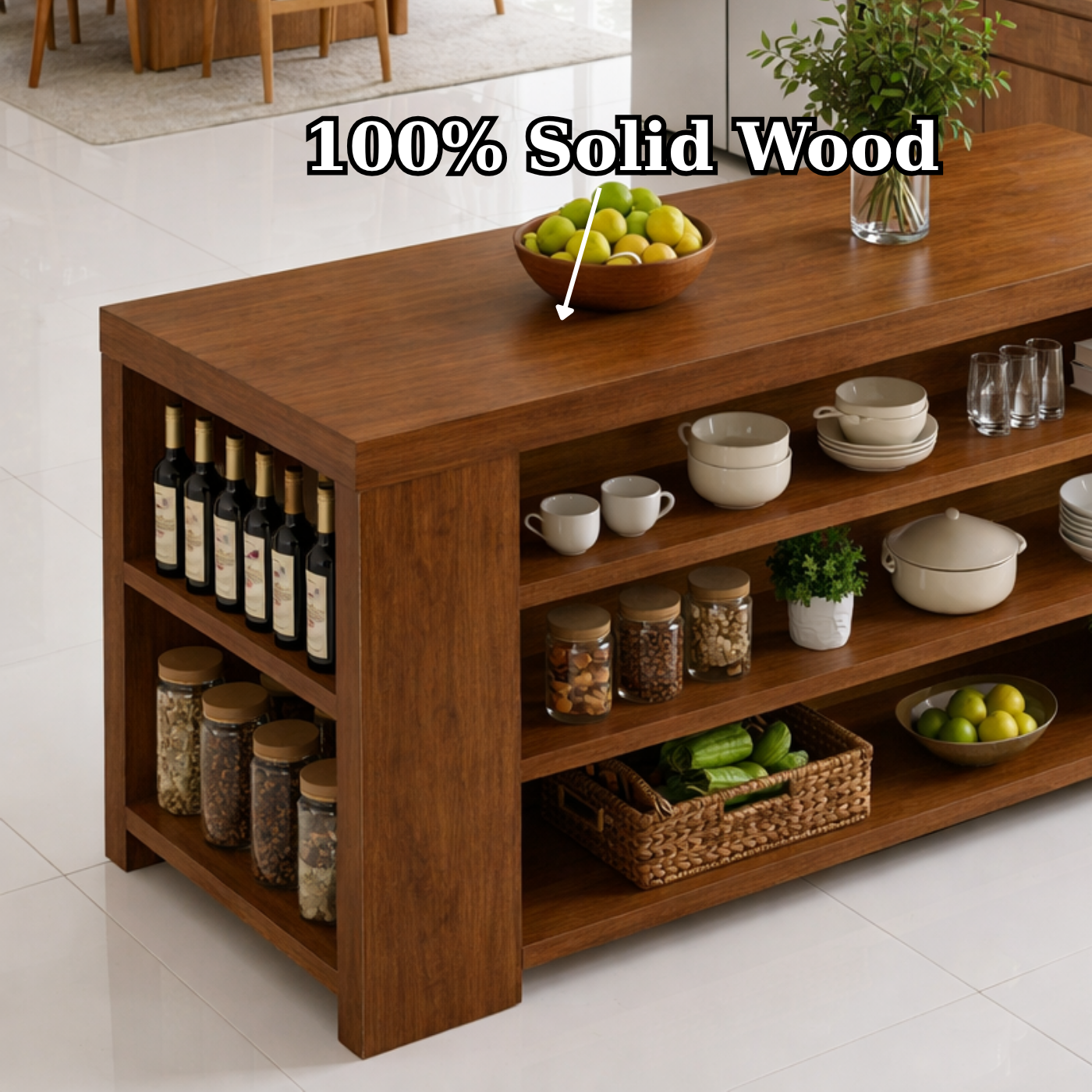 Solid Wood Kitchen Island with Open Shelves – Storage Prep Table