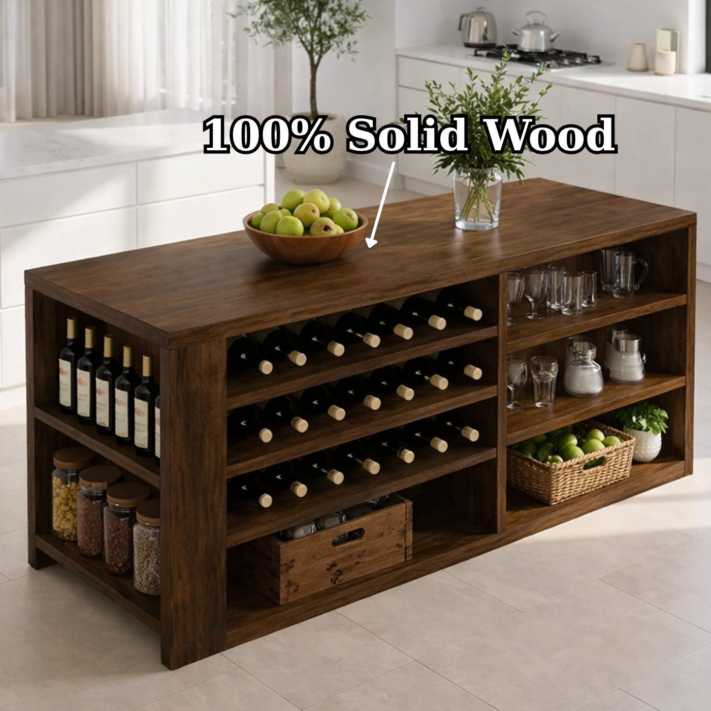 Solid Wood Kitchen Island with Wine Rack & Storage Shelves
