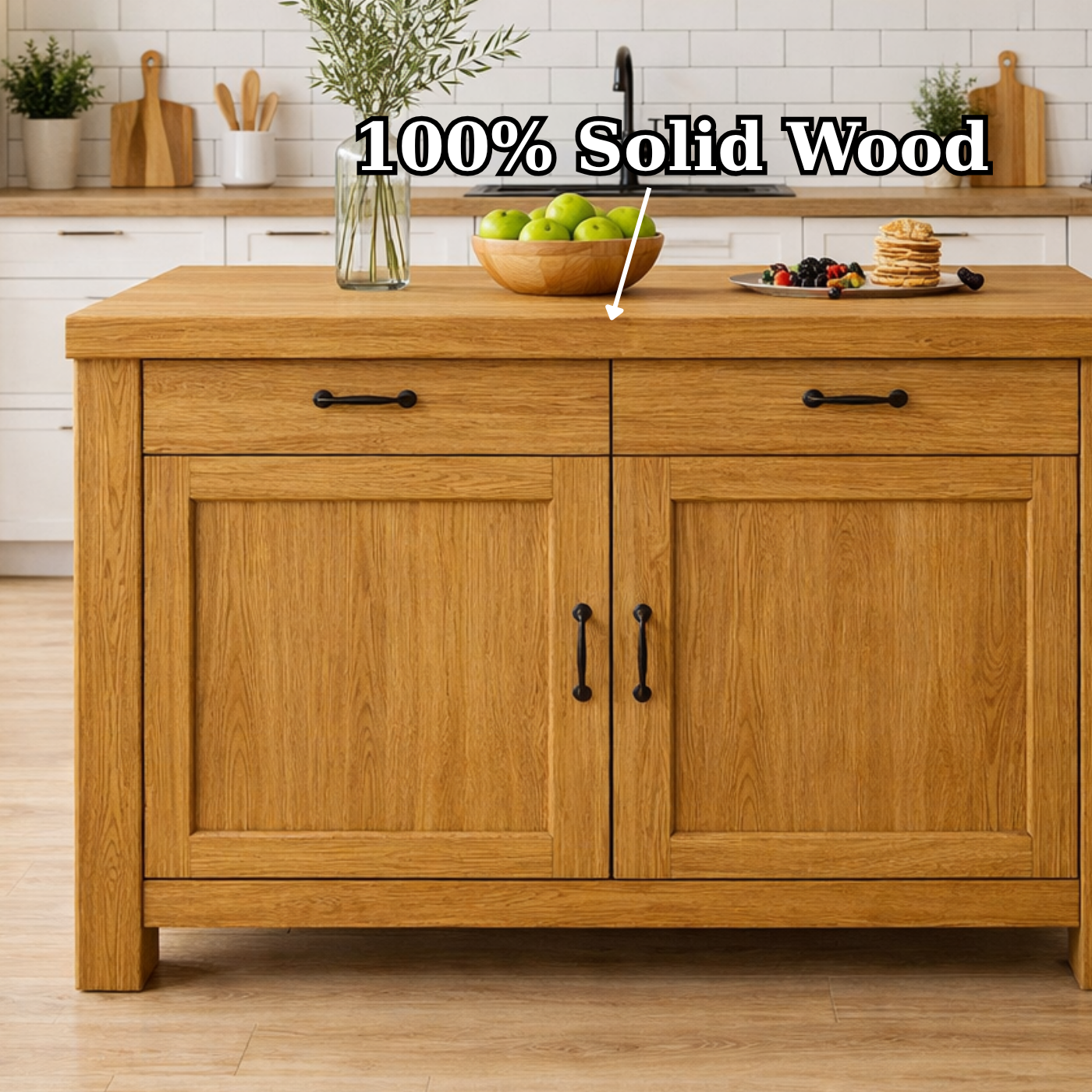 Solid Wood Kitchen Island with Drawers & Cabinet – Modern Farmhouse Kitchen Table