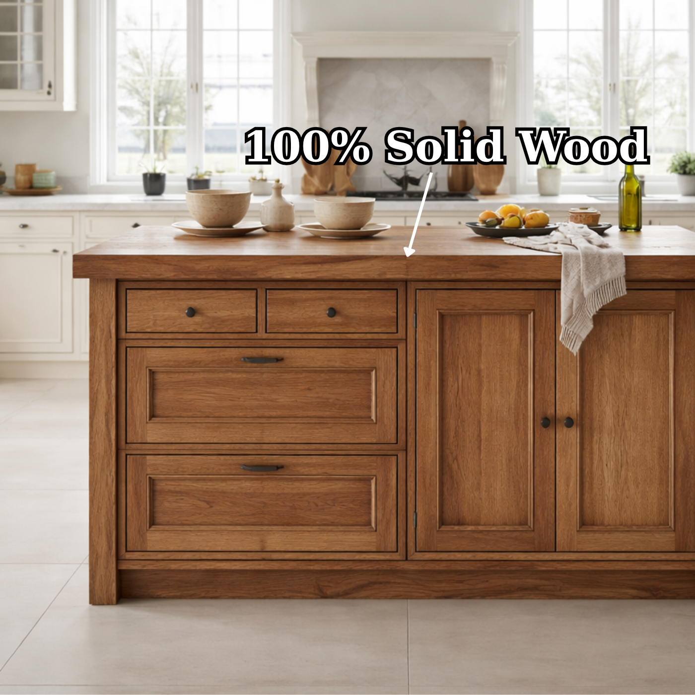 Solid Wood Kitchen Island with Drawers & Cabinet – Farmhouse Kitchen Storage Table