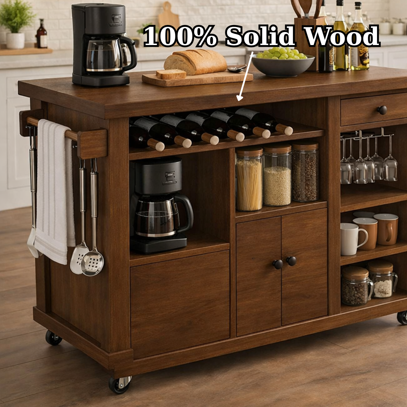 Solid Wood Rolling Kitchen Island with Wine Rack & Storage – Kitchen Cart on Wheels