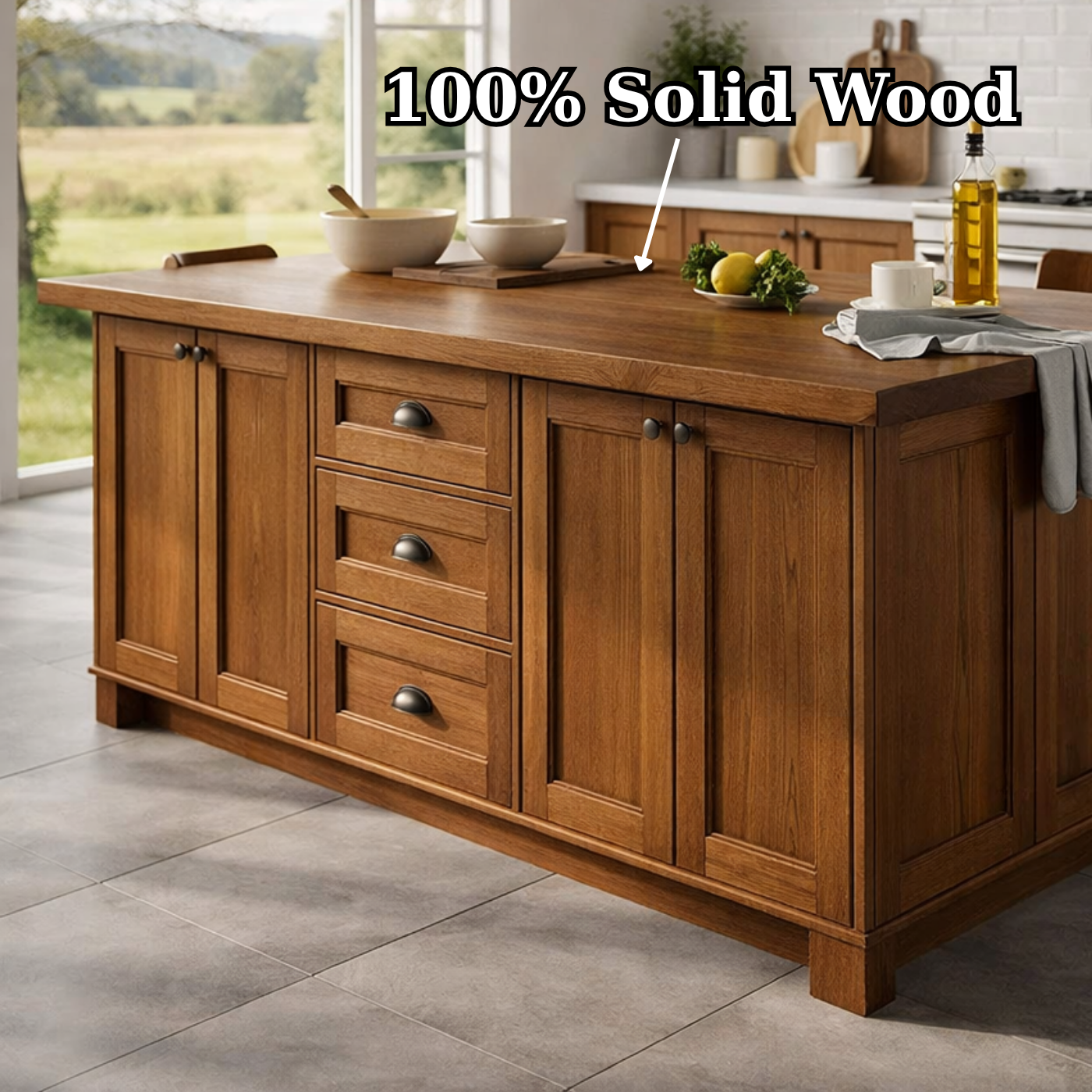 Solid Wood Kitchen Island with Drawers & Cabinets – Walnut Farmhouse Kitchen Table