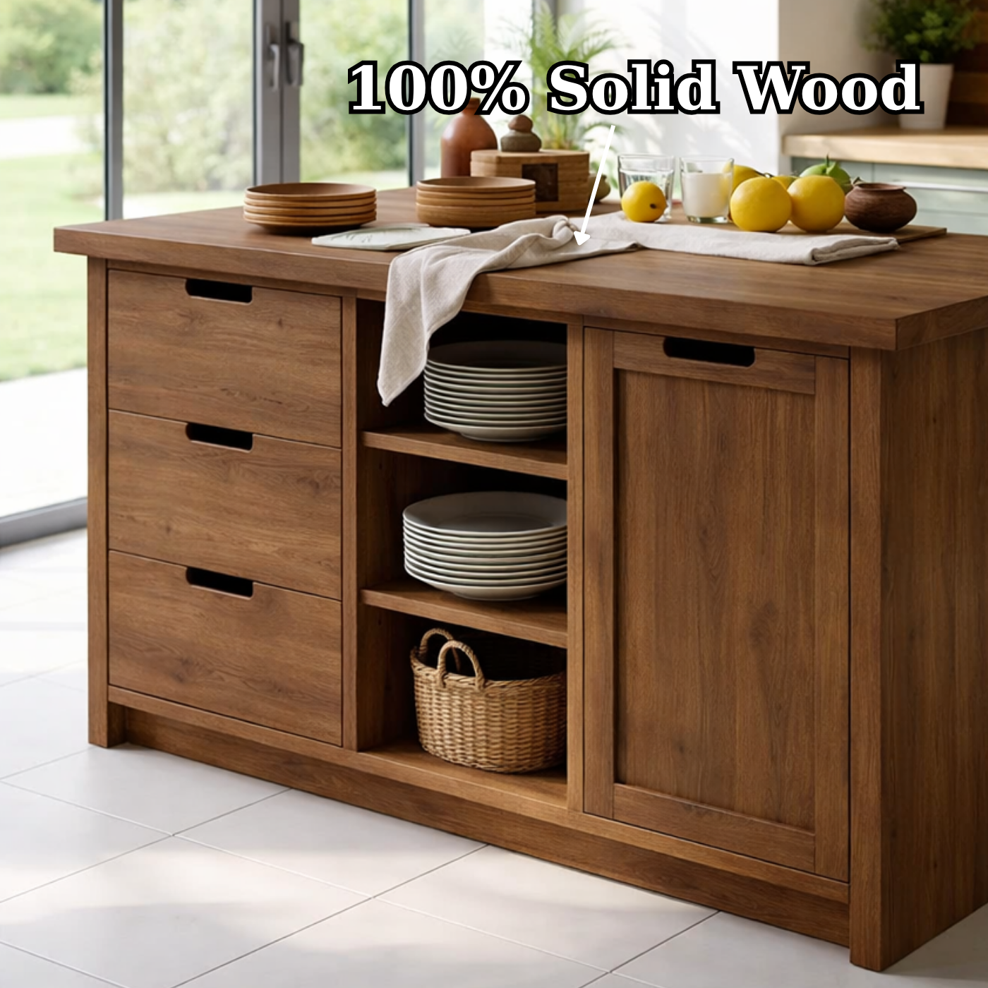 Solid Wood Kitchen Island with Drawers & Open Shelves – Modern Storage Table