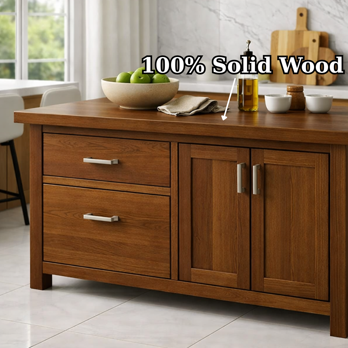 Solid Wood Kitchen Island with Drawers & Cabinet – Modern Kitchen Storage Table