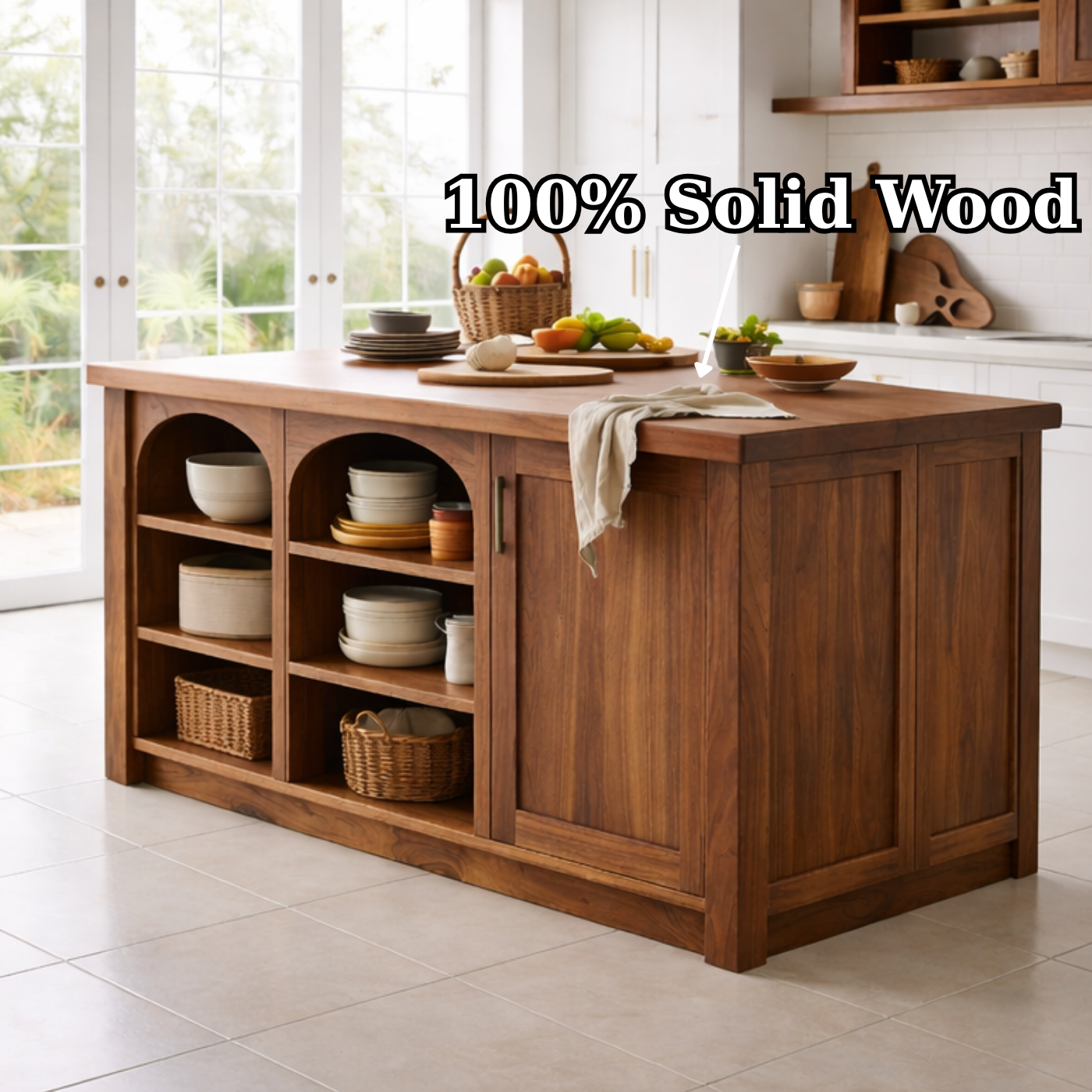 Solid Wood Kitchen Island with Arched Open Shelves – Walnut Farmhouse Storage Table