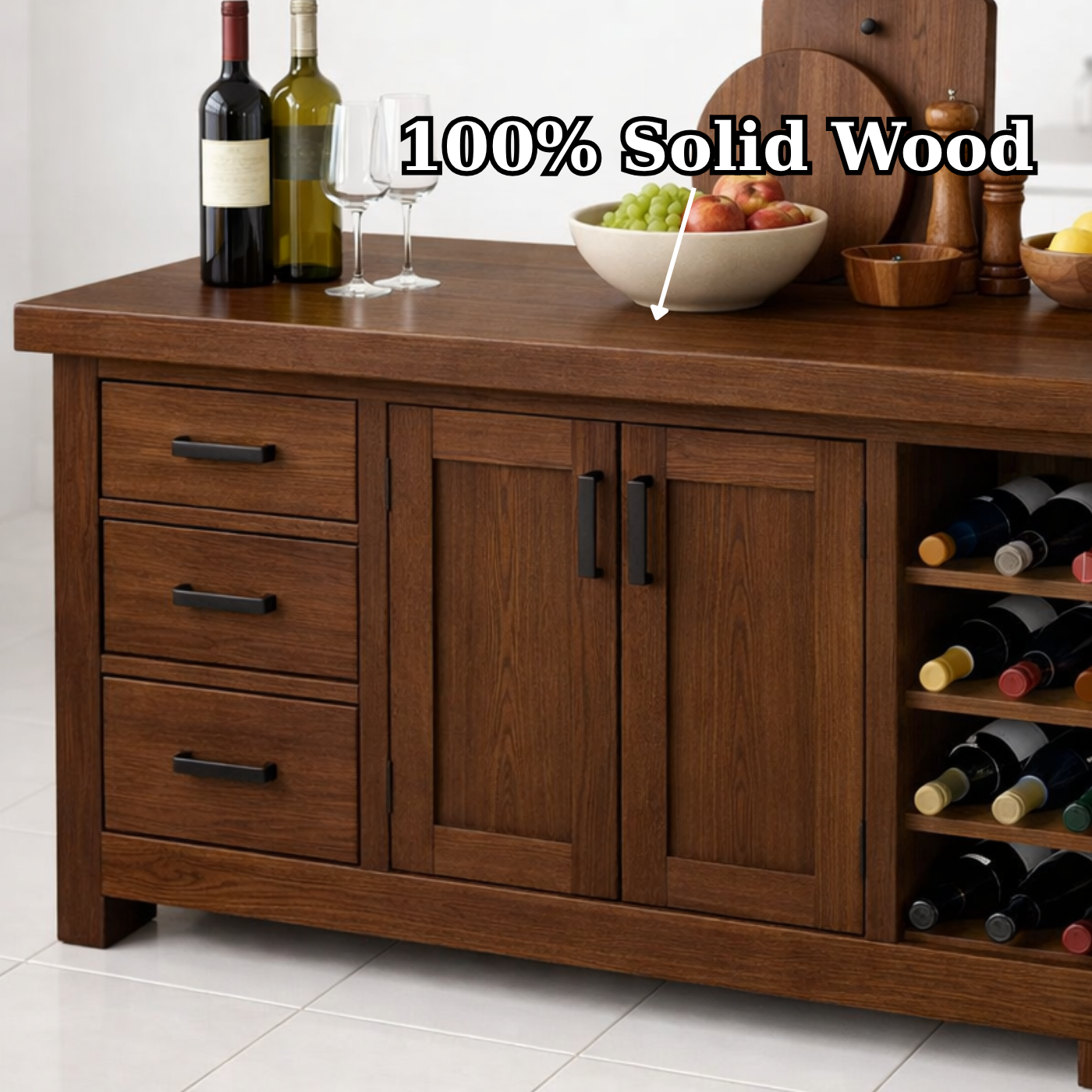 Solid Wood Kitchen Island with Wine Rack & Storage Drawers – Kitchen Storage Cabinet