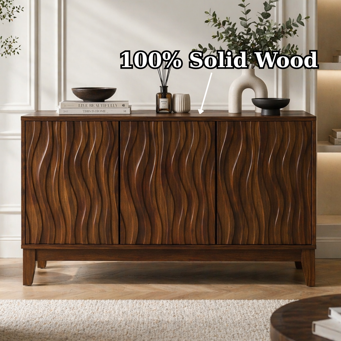 Solid Wood Fluted Console Sideboard – Modern Walnut Storage Cabinet