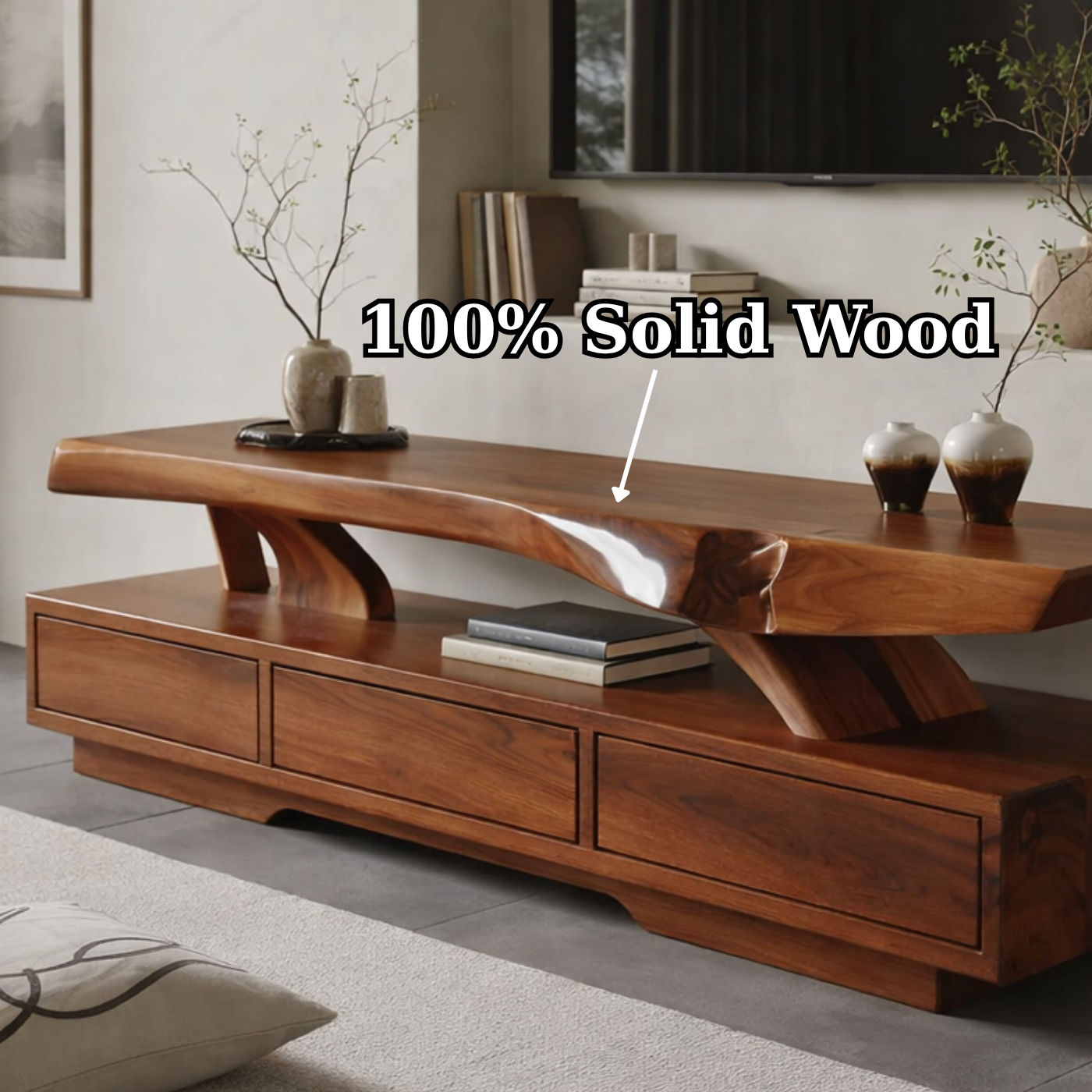 Solid Wood TV Stand with Live Edge Top – Modern Media Console Table