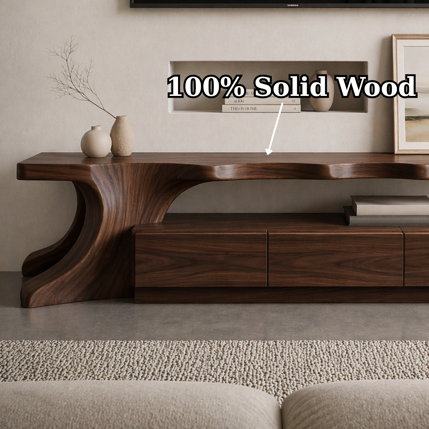 Solid Wood Sculptural TV Stand with Curved Base – Modern Media Console Table