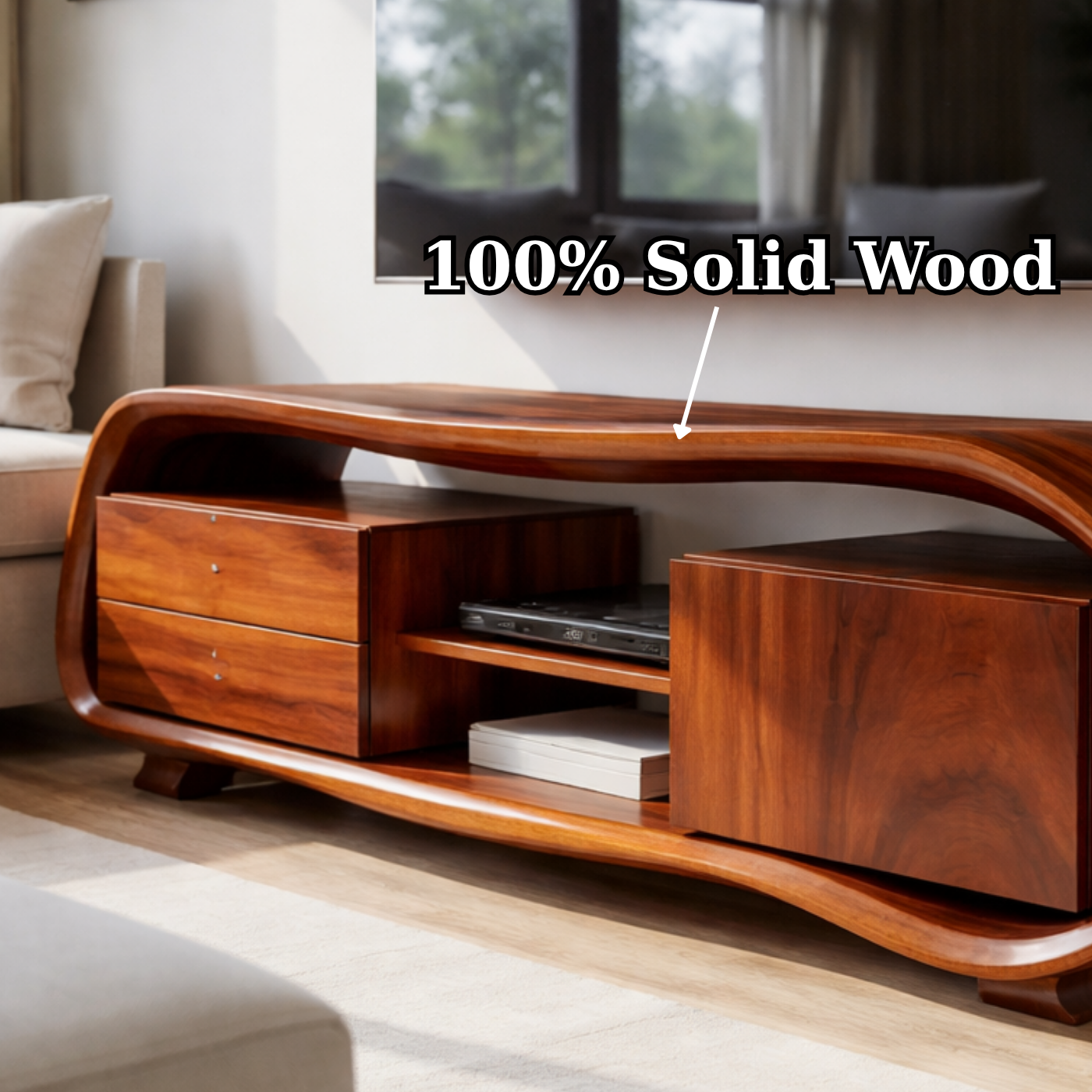 Solid Wood Curved TV Stand – Sculptural Media Console with Organic Design