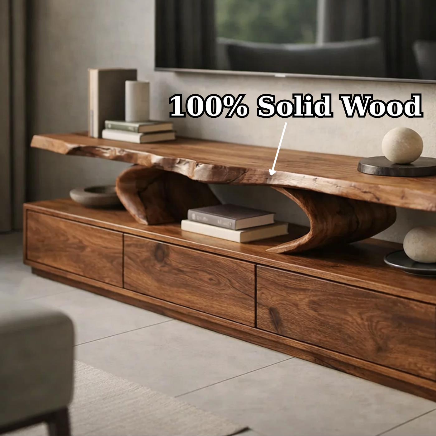 Live Edge Solid Wood TV Stand – Organic Modern Low Profile Media Console with Storage