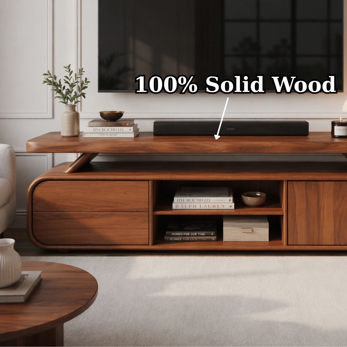 Solid Wood TV Stand with Rounded Edges – Modern Low Profile Media Console with Storage