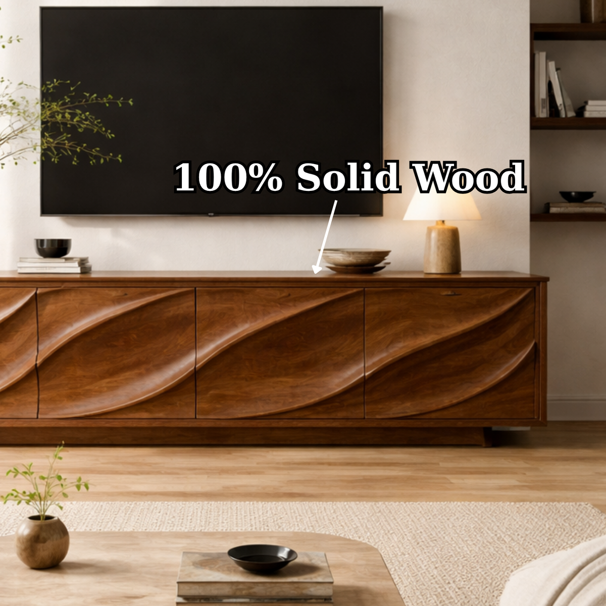 Solid Wood TV Stand with Carved Wave Front – Modern Luxury Media Console Cabinet