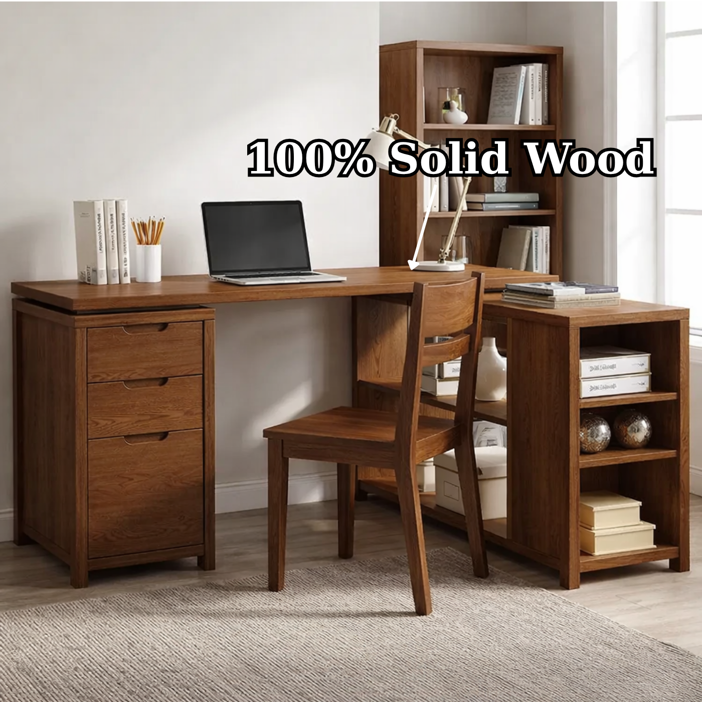 Solid Wood L-Shaped Desk with Storage – Corner Home Office Desk with Shelves and Drawers