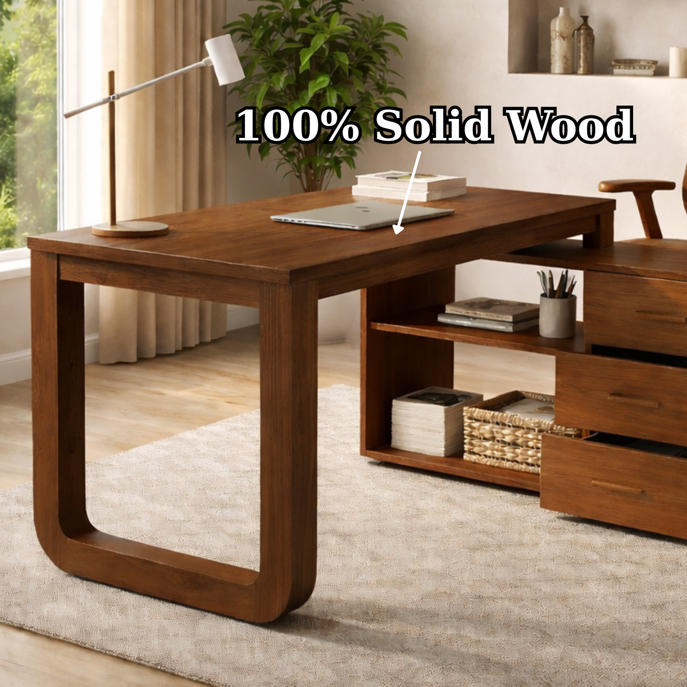 Solid Wood Desk with Storage Drawers – Modern Home Office Table with Side Cabinet