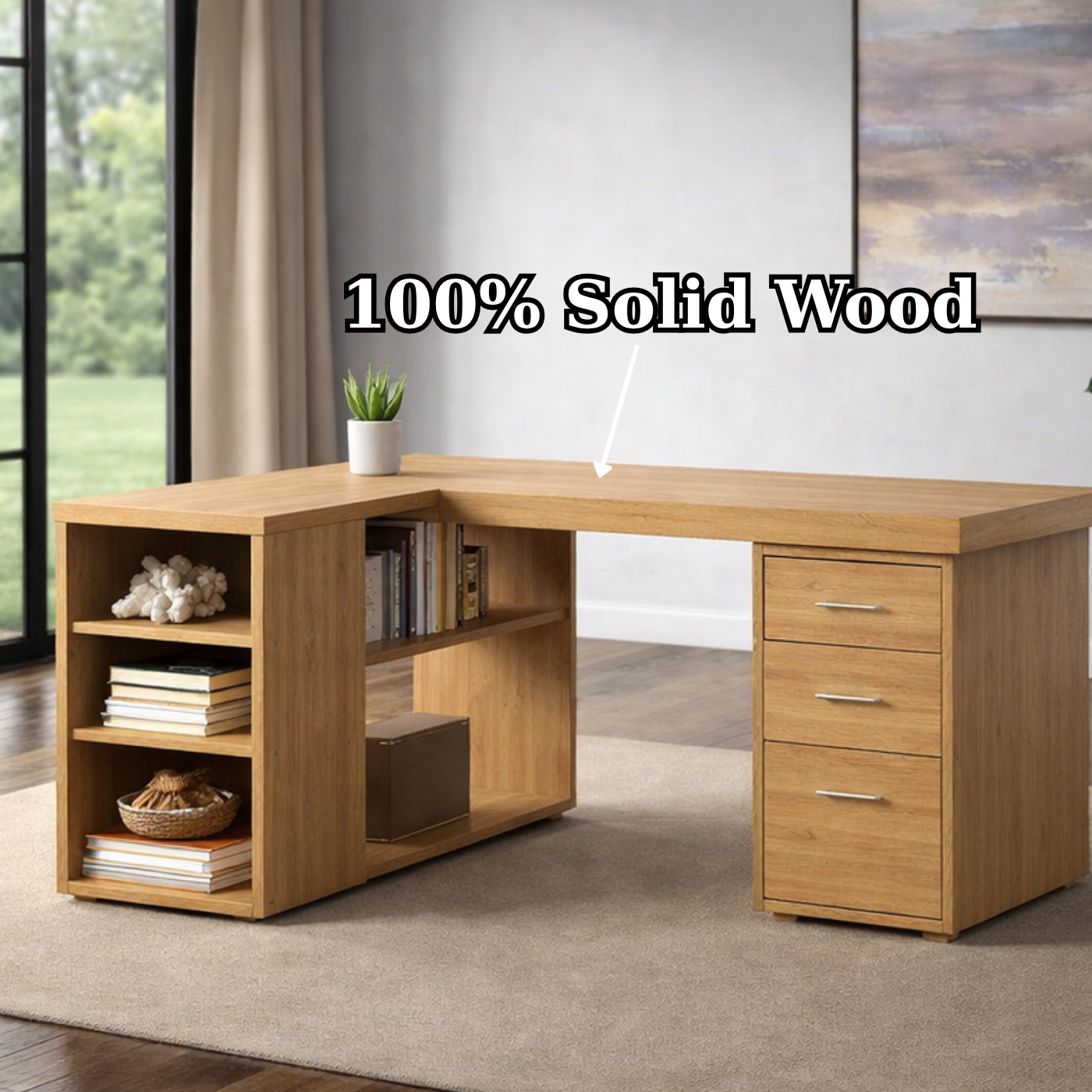 Solid Wood L-Shaped Desk with Storage – Corner Home Office Desk with Drawers and Shelves
