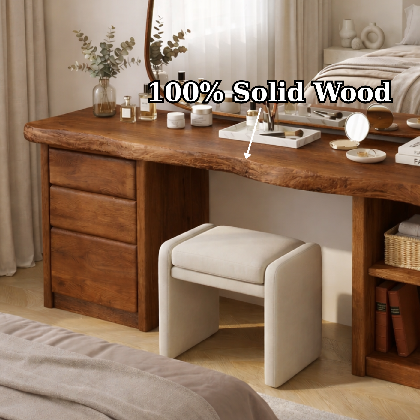 Solid Wood Makeup Vanity Desk with Live Edge Top, 3 Drawers and Open Side Shelves
