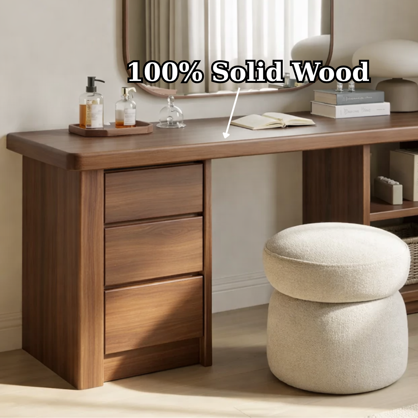 Solid Wood Makeup Vanity Desk – Minimalist Dressing Table with Drawers & Open Shelf