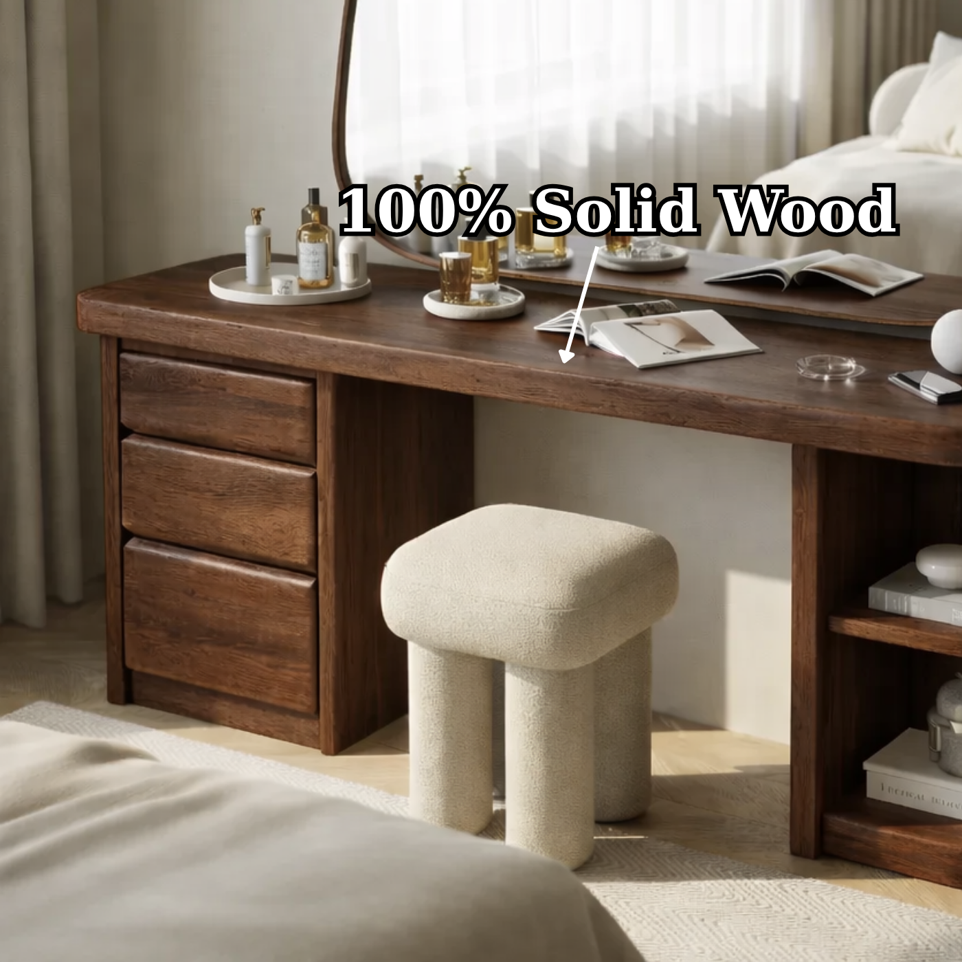 Solid Wood Makeup Vanity Desk – Modern Dressing Table with Drawers & Open Shelf