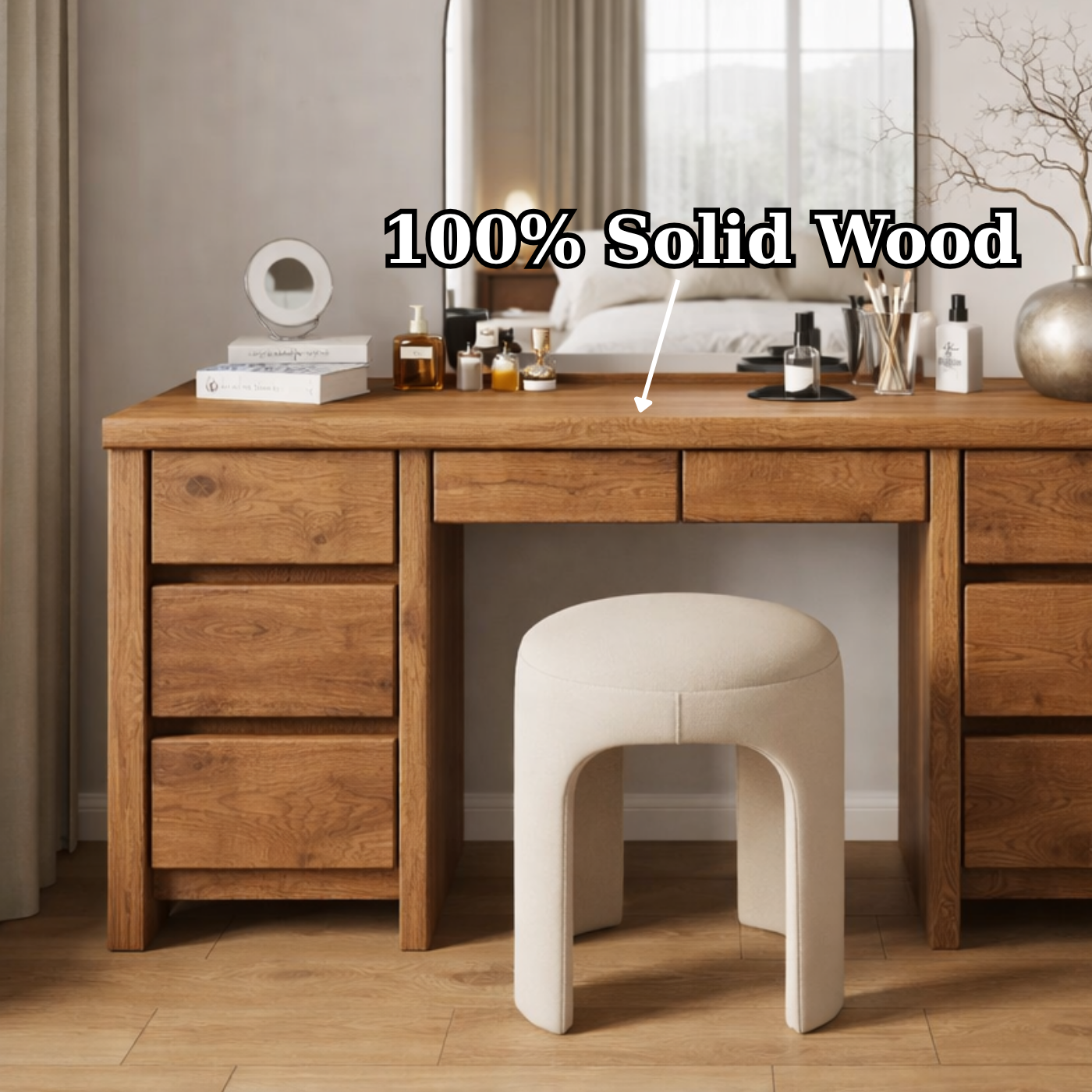 Solid Wood Makeup Vanity Desk – Modern Dressing Table with 8 Drawers Storage